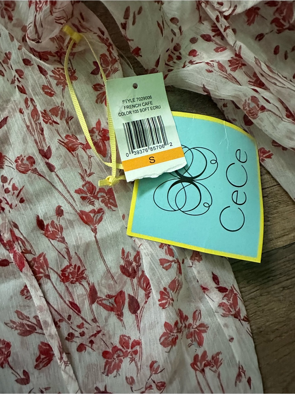 CeCe Women’s Red Floral Tie Neck Sheer Chiffon Blouse Boho Cottagecore Size S
